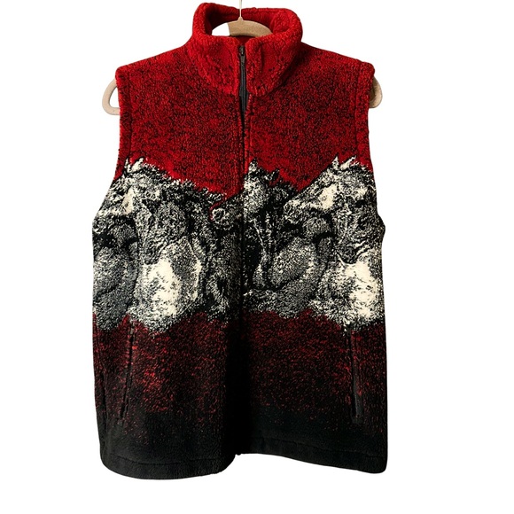 Otterplay Jackets & Blazers - Otterplay Women’s L Red Black White Fleece Fuzzy Horses Vest Made in BC